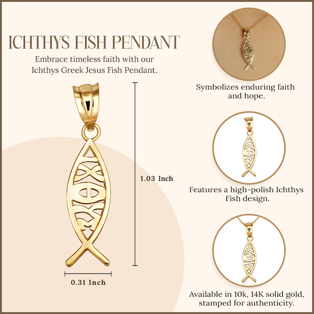 Solid Gold ichthus (ichthys) Greek Jesus Fish Pendant Necklace, view 3
