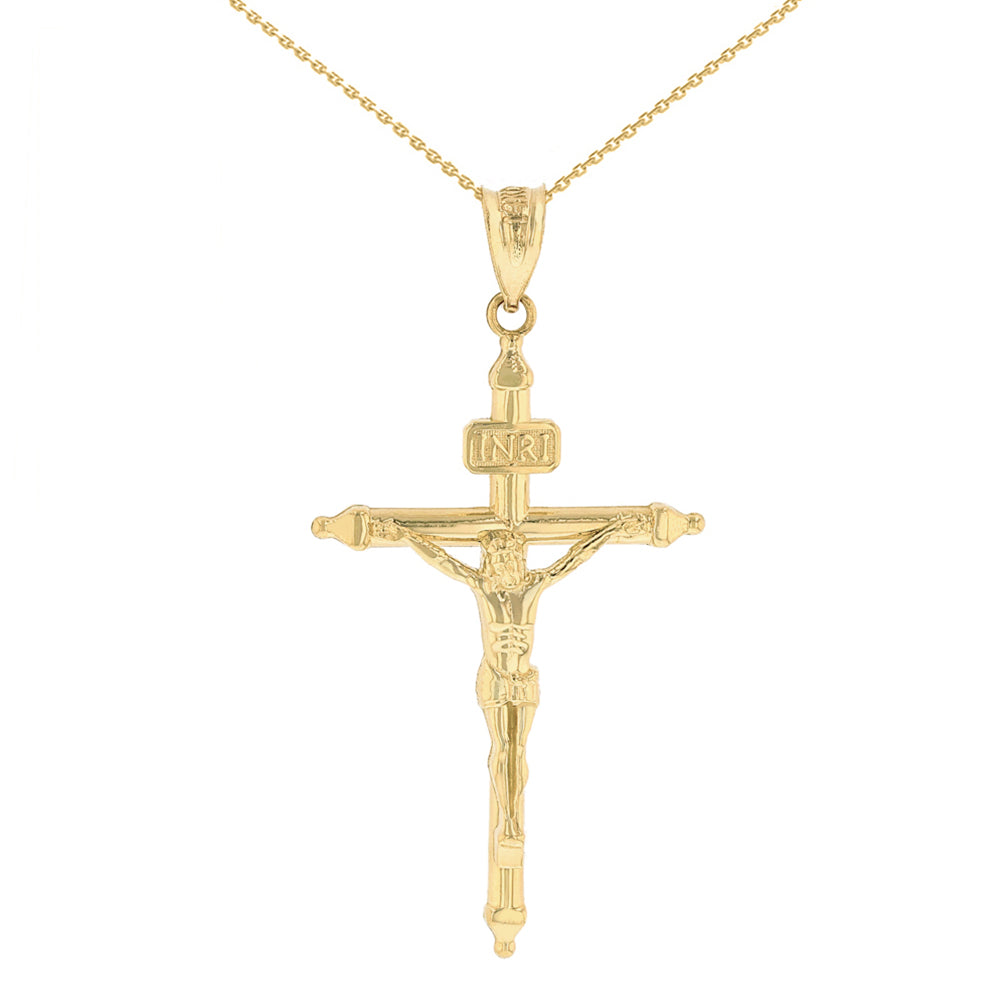 Solid Gold INRI Christ Passion Cross Crucifix Pendant Necklace 1.2" (32 mm)