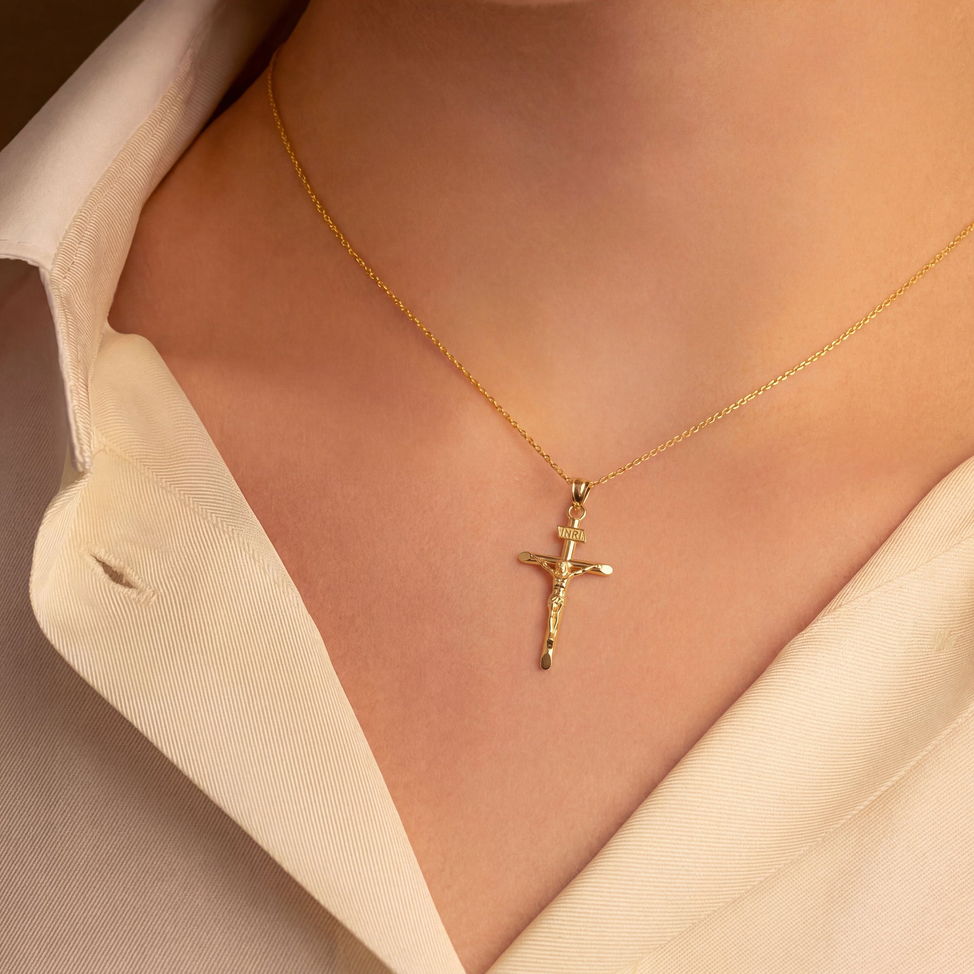 Solid Gold INRI Cross Pendant Necklace, view 2