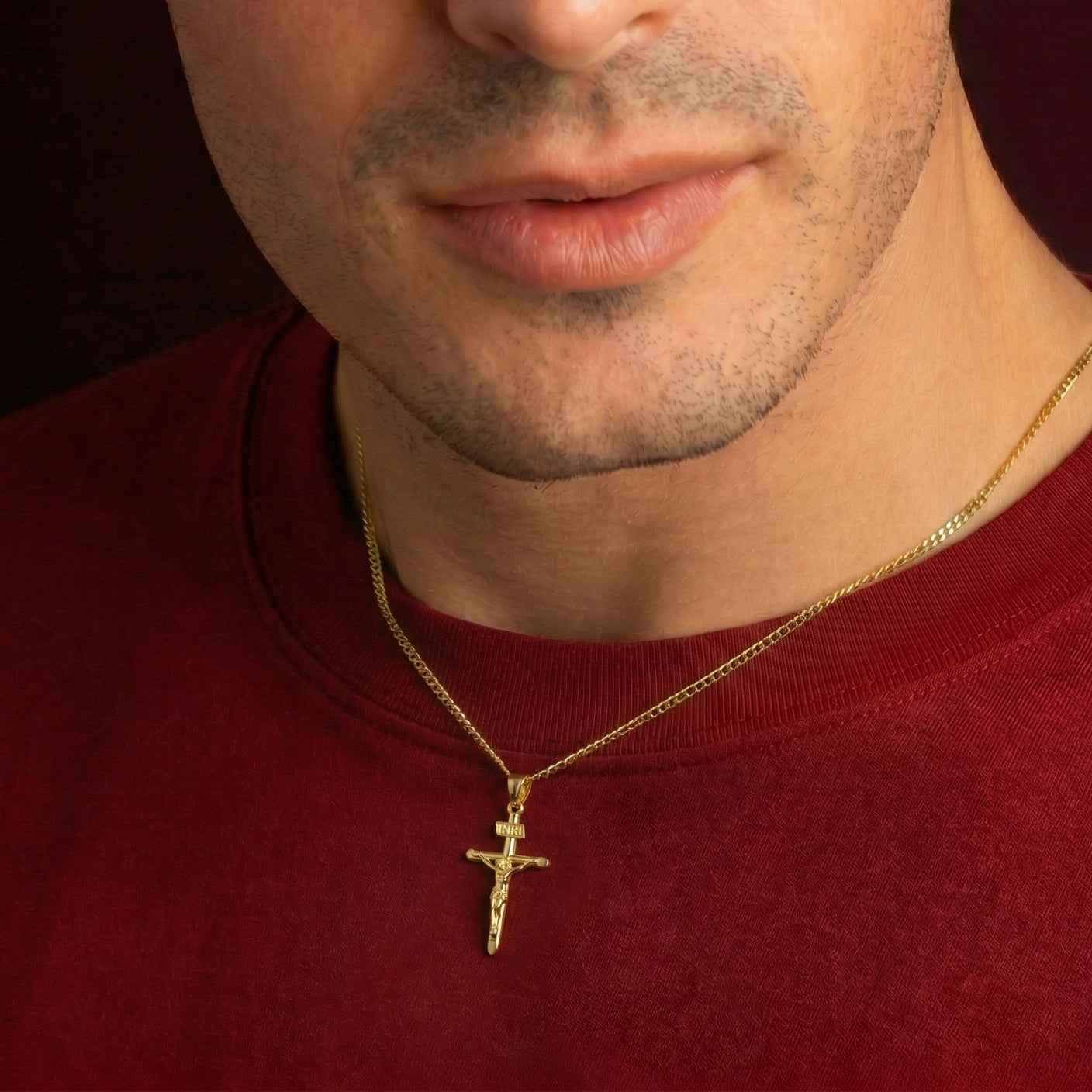 Solid Gold INRI Cross Pendant Necklace, view 3