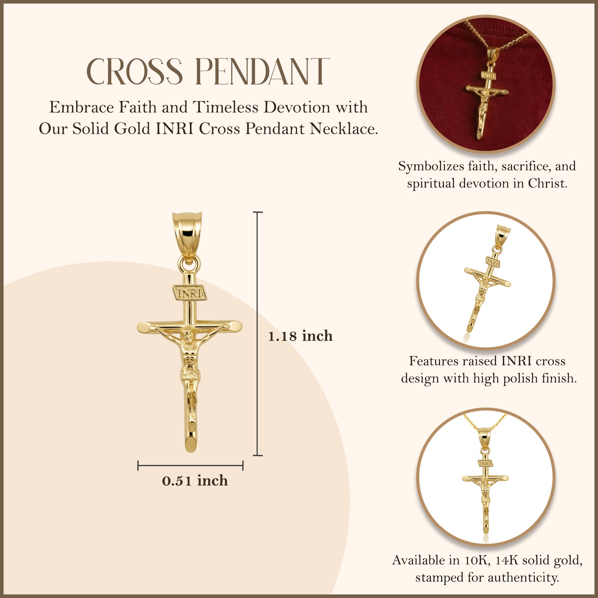 Solid Gold INRI Cross Pendant Necklace, view 4