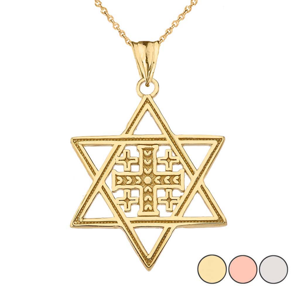Solid Gold Jerusalem Cross in Star of David Pendant Necklace