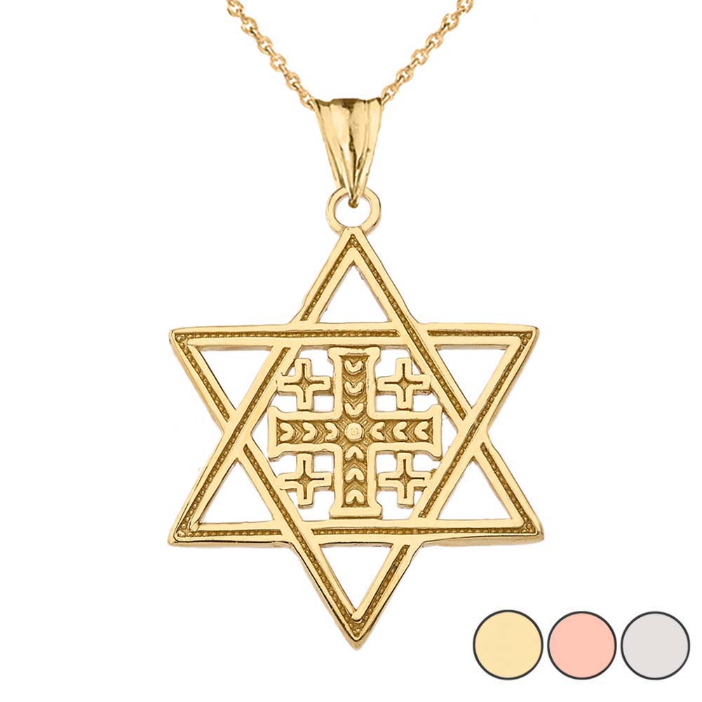 Solid Gold Jerusalem Cross in Star of David Pendant Necklace