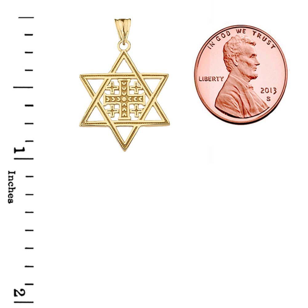 Solid Gold Jerusalem Cross in Star of David Pendant Necklace, view 2
