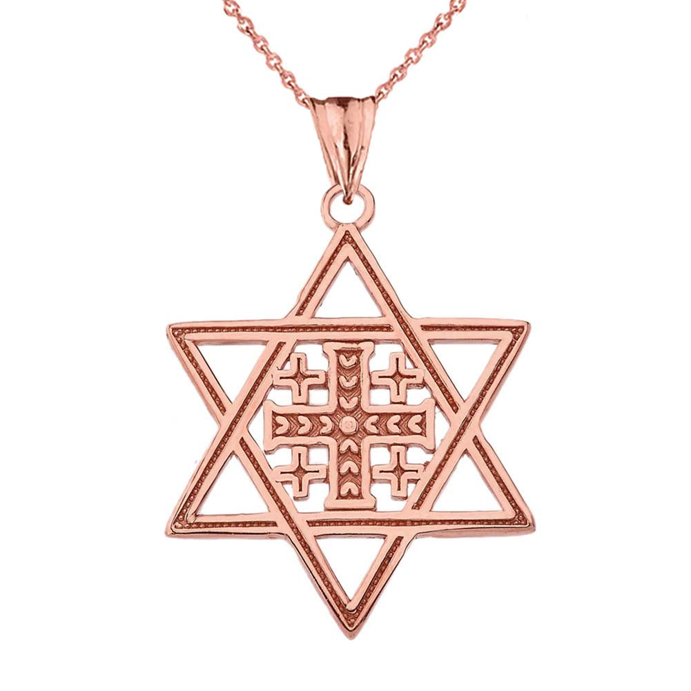 Solid Gold Jerusalem Cross in Star of David Pendant Necklace, view 3