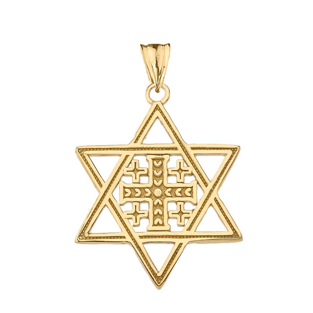 Solid Gold Jerusalem Cross in Star of David Pendant Necklace, view 7