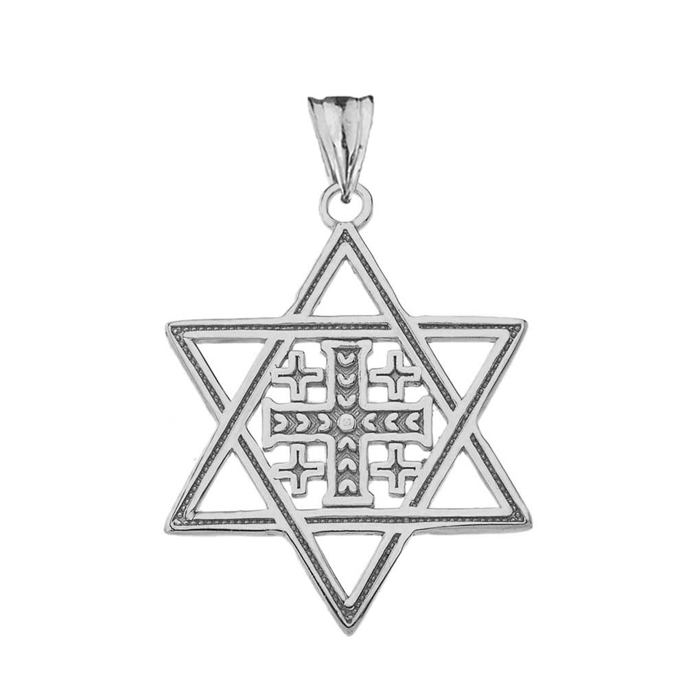 Solid Gold Jerusalem Cross in Star of David Pendant Necklace, view 9