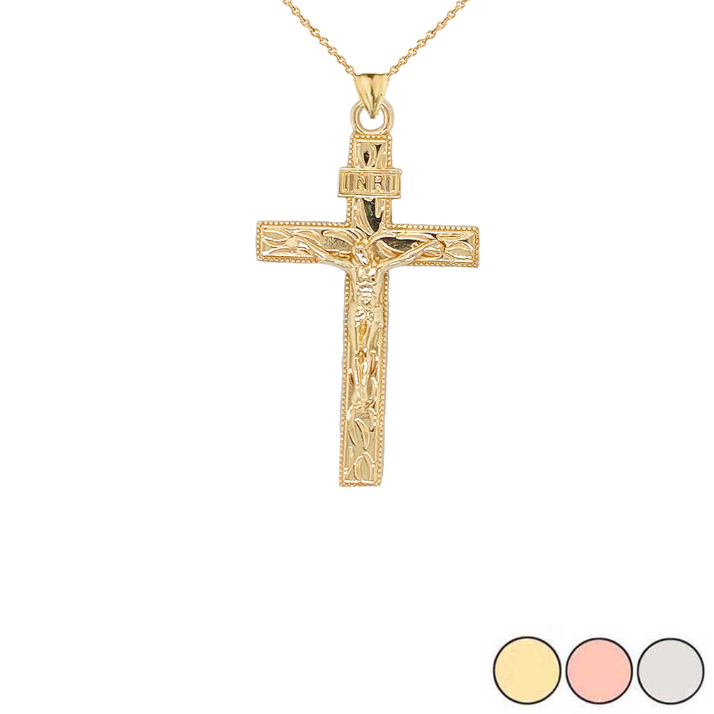 Solid Gold Jesus Christ INRI Crucifix Cross Pendant Necklace