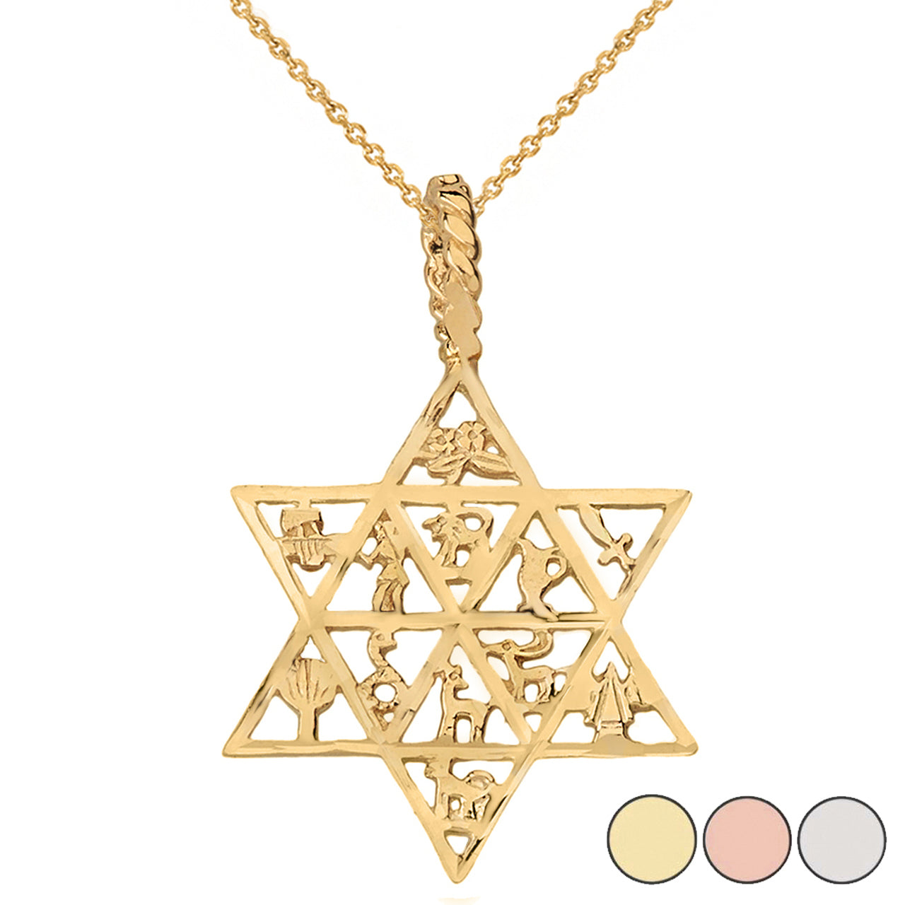 Solid Gold Jewish Star of David Charm 12 Tribes of Israel Pendant Necklace