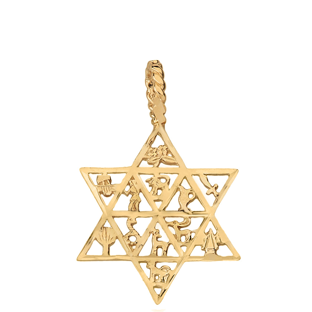 Solid Gold Jewish Star of David Charm 12 Tribes of Israel Pendant Necklace, view 2