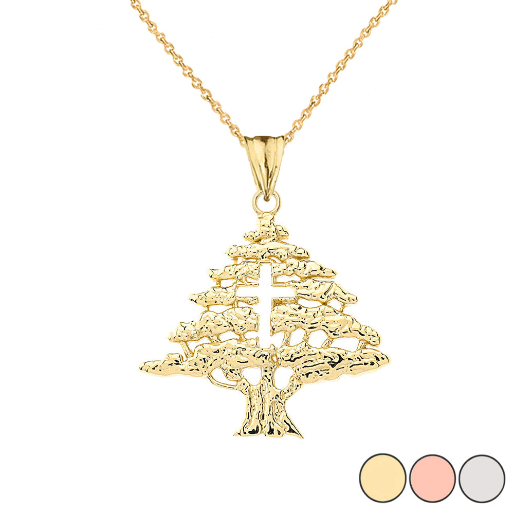Solid Gold Lebanese Cedar Tree With Cut out Cross Pendant Necklace