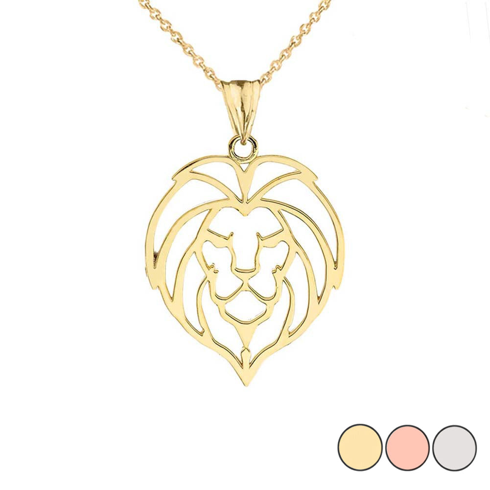Solid Gold Lion Head Cut Out Pendant Necklace