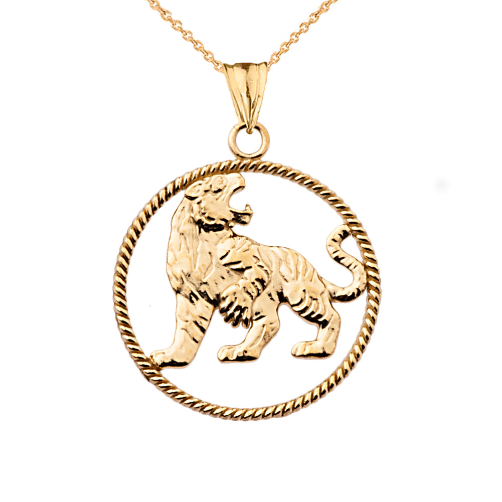 Solid Gold Lion Rope Pendant Necklace
