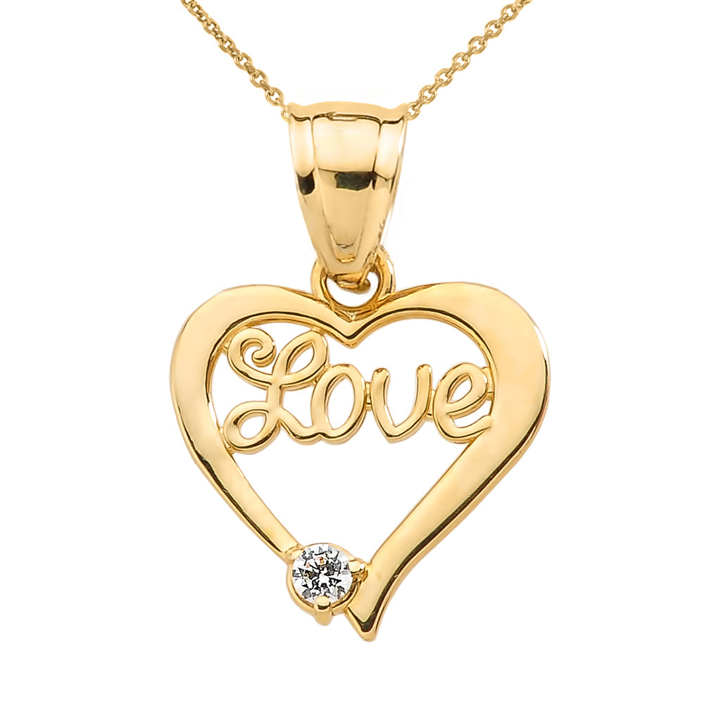 Solid Gold "Love" Script Diamond Heart Pendant Necklace