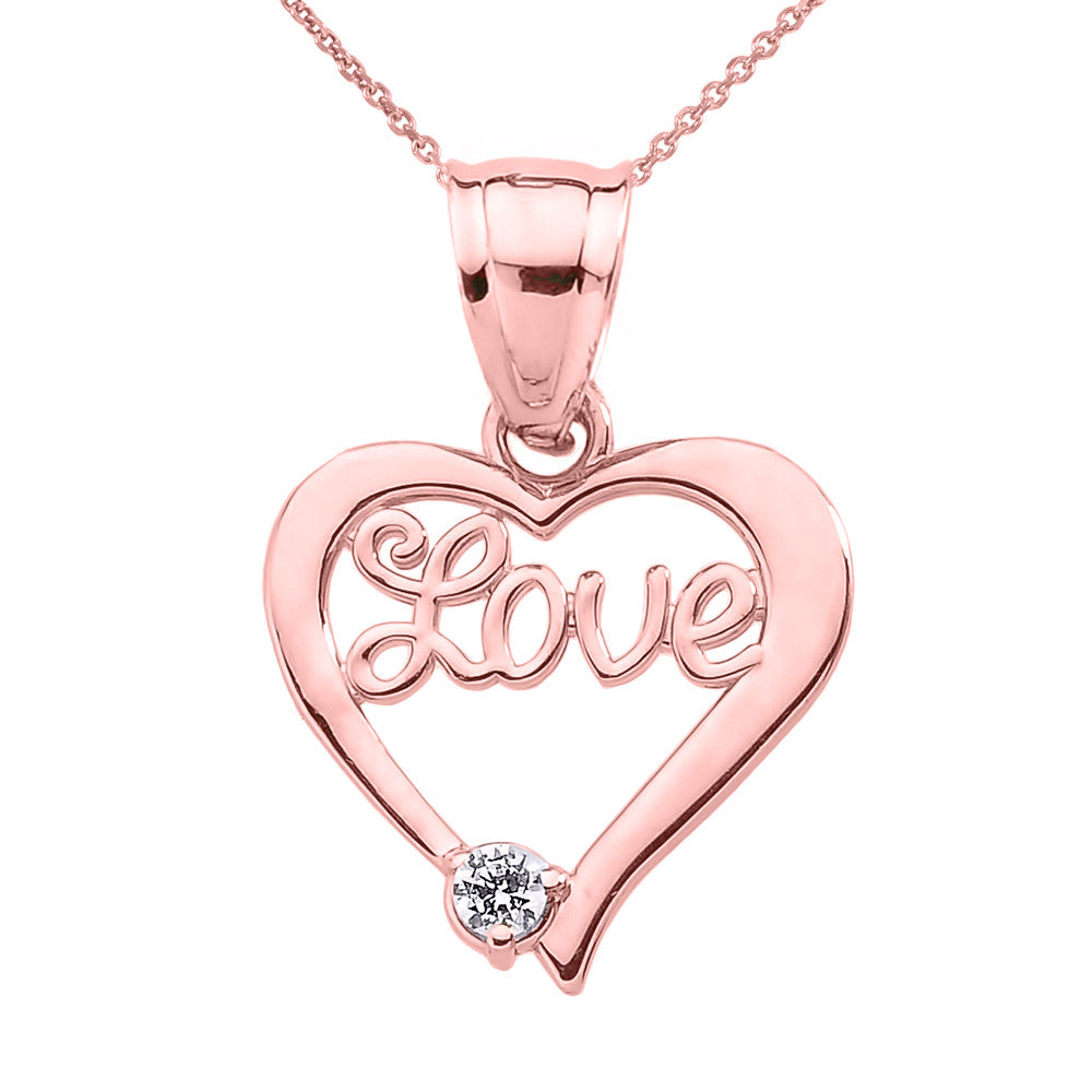 Solid Gold "Love" Script Diamond Heart Pendant Necklace, view 2