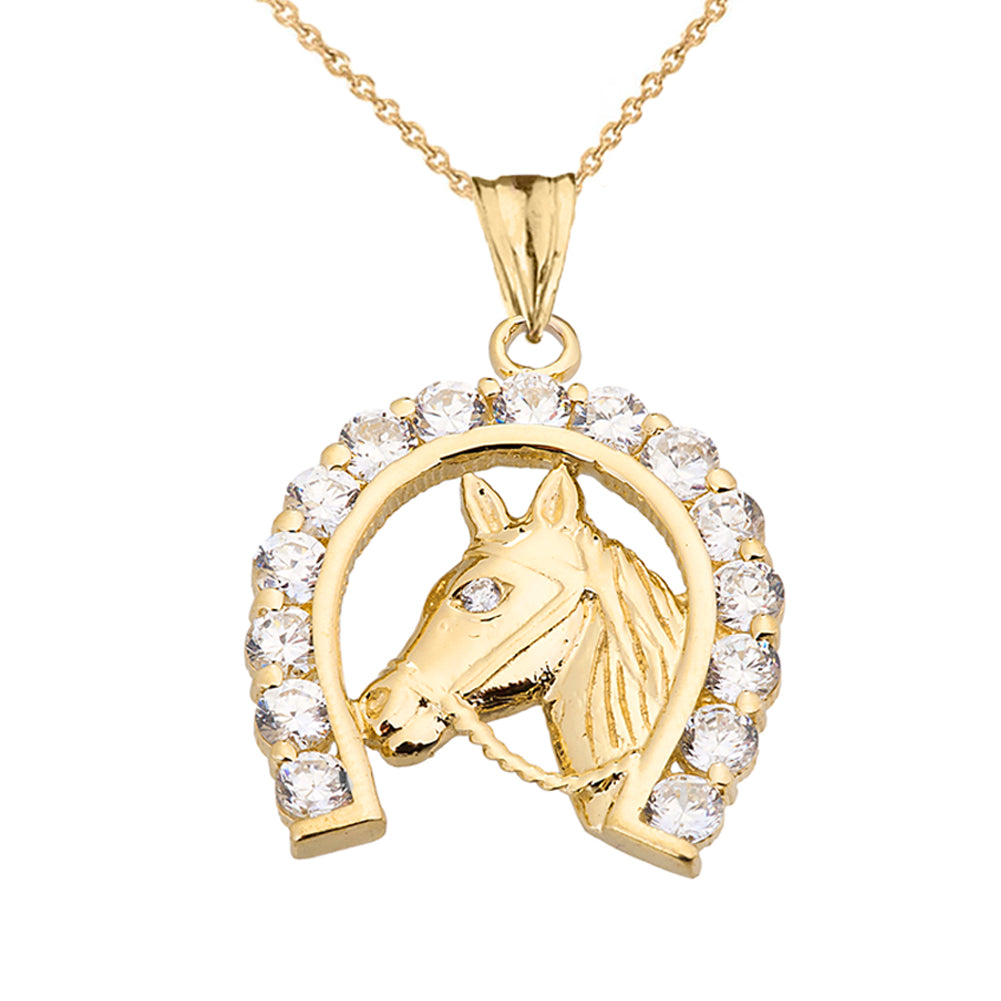 Solid Gold Lucky Horseshoe Statement Pendant Necklace With Cubic Zirconia