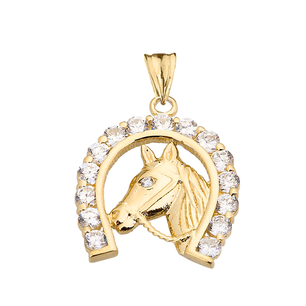 Solid Gold Lucky Horseshoe Statement Pendant Necklace With Cubic Zirconia, view 2