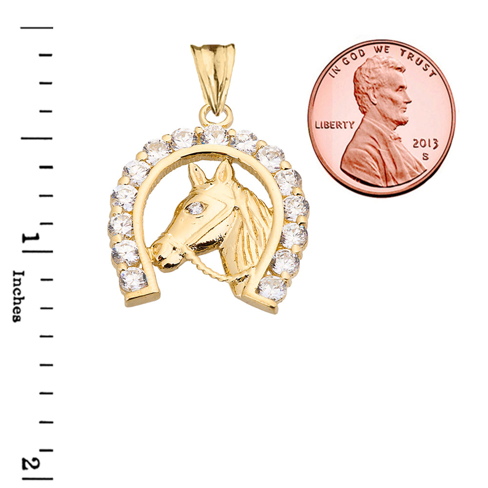 Solid Gold Lucky Horseshoe Statement Pendant Necklace With Cubic Zirconia, view 5