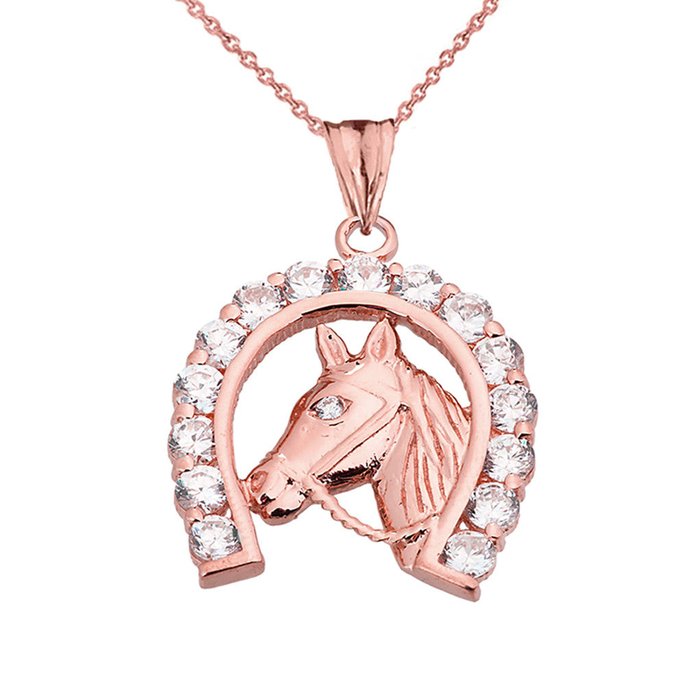Solid Gold Lucky Horseshoe Statement Pendant Necklace With Cubic Zirconia, view 6