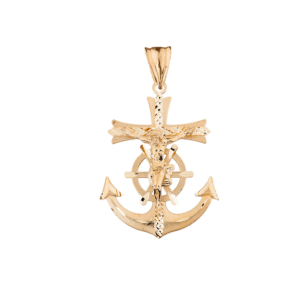 Solid Gold Mariners Anchor Crucifix Pendant Necklace, view 3