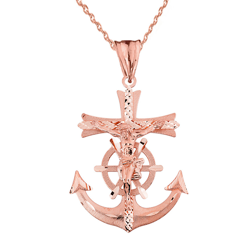 Solid Gold Mariners Anchor Crucifix Pendant Necklace, view 4