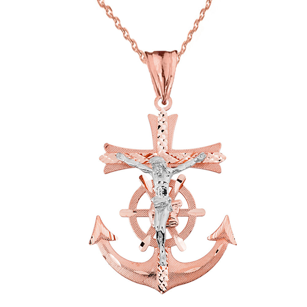 Solid Gold Mariners Anchor Crucifix Pendant Necklace, view 5