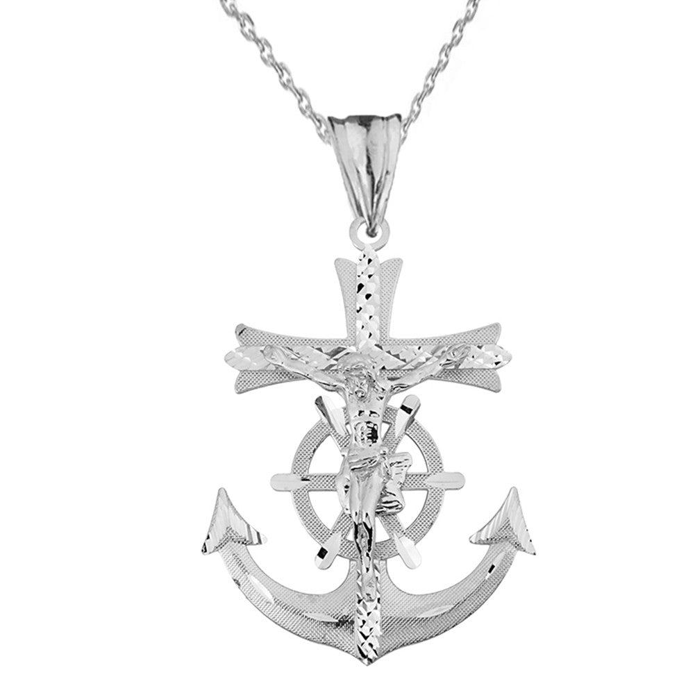 Solid Gold Mariners Anchor Crucifix Pendant Necklace, view 6