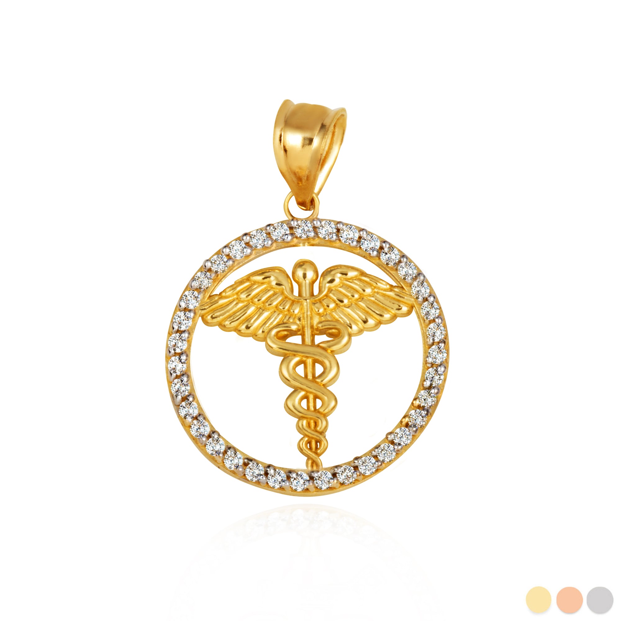 Solid Gold Medical Caduceus Staff Cubic Zirconia Halo Pendant Necklace