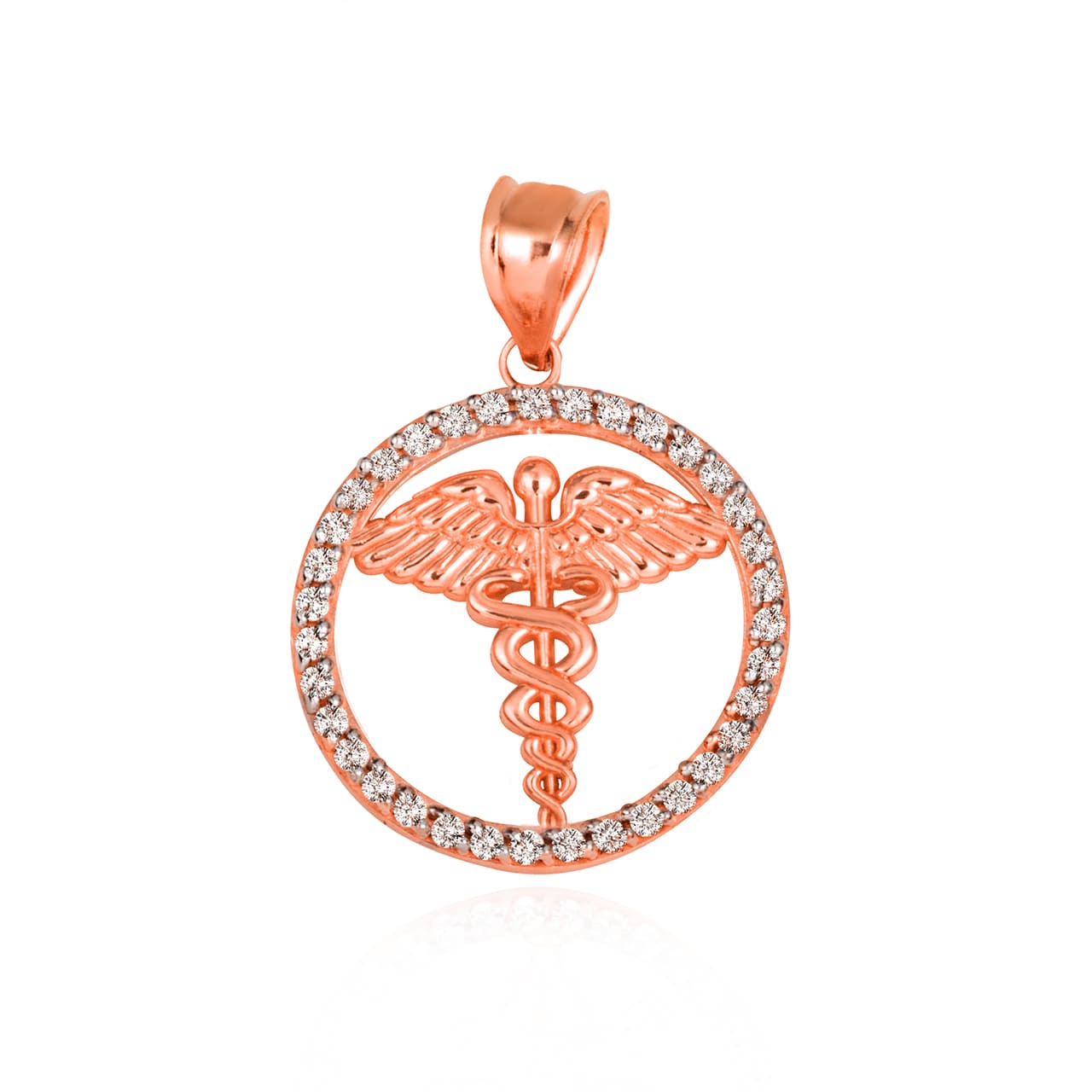 Solid Gold Medical Caduceus Staff Cubic Zirconia Halo Pendant Necklace, view 2