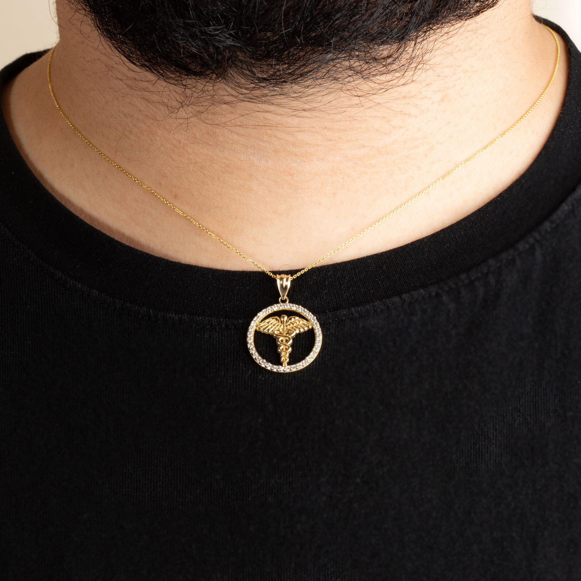 Solid Gold Medical Caduceus Staff Cubic Zirconia Halo Pendant Necklace, view 4