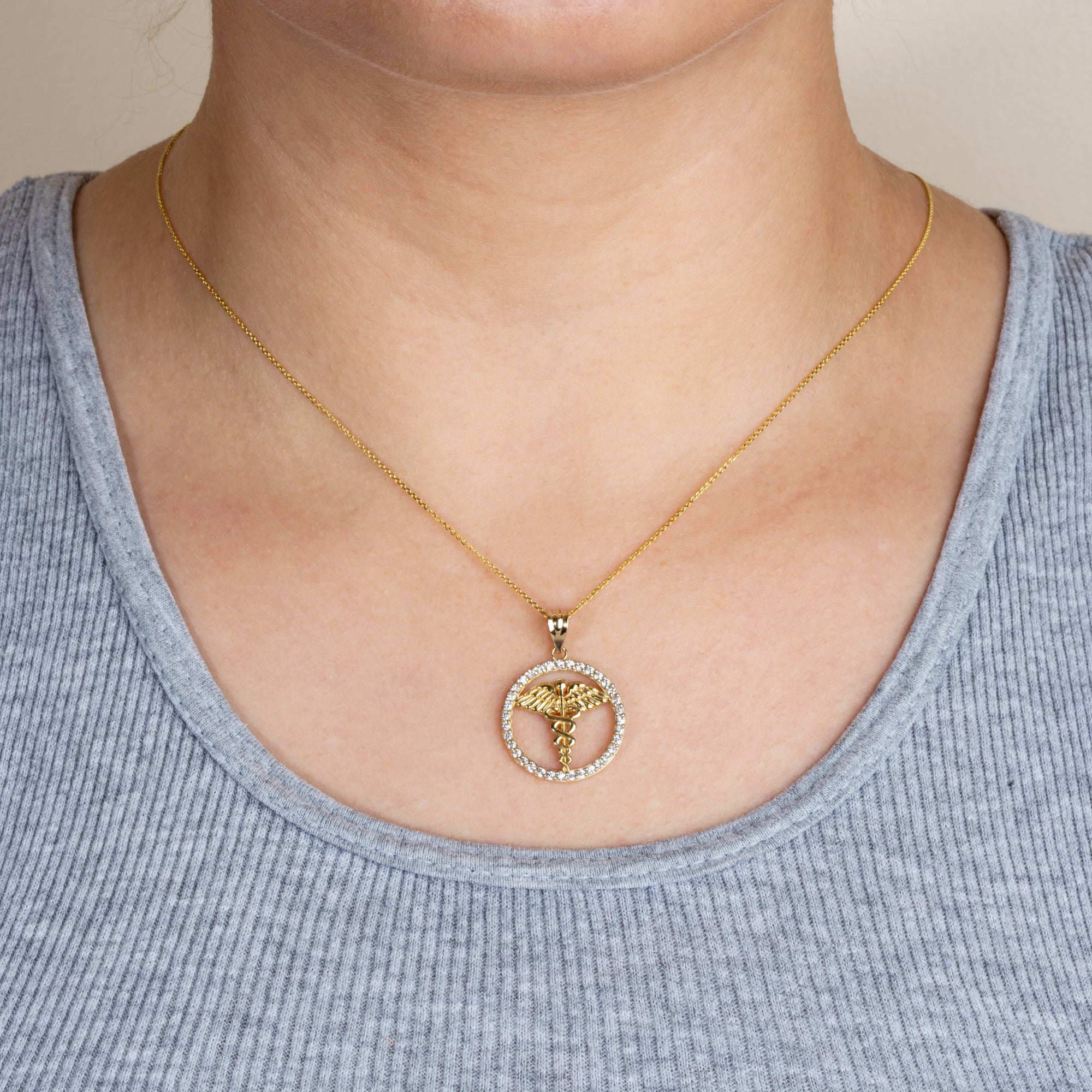 Solid Gold Medical Caduceus Staff Cubic Zirconia Halo Pendant Necklace, view 5