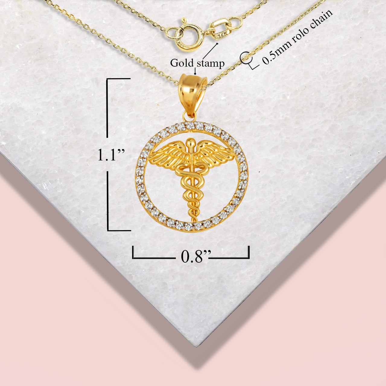 Solid Gold Medical Caduceus Staff Cubic Zirconia Halo Pendant Necklace, view 6
