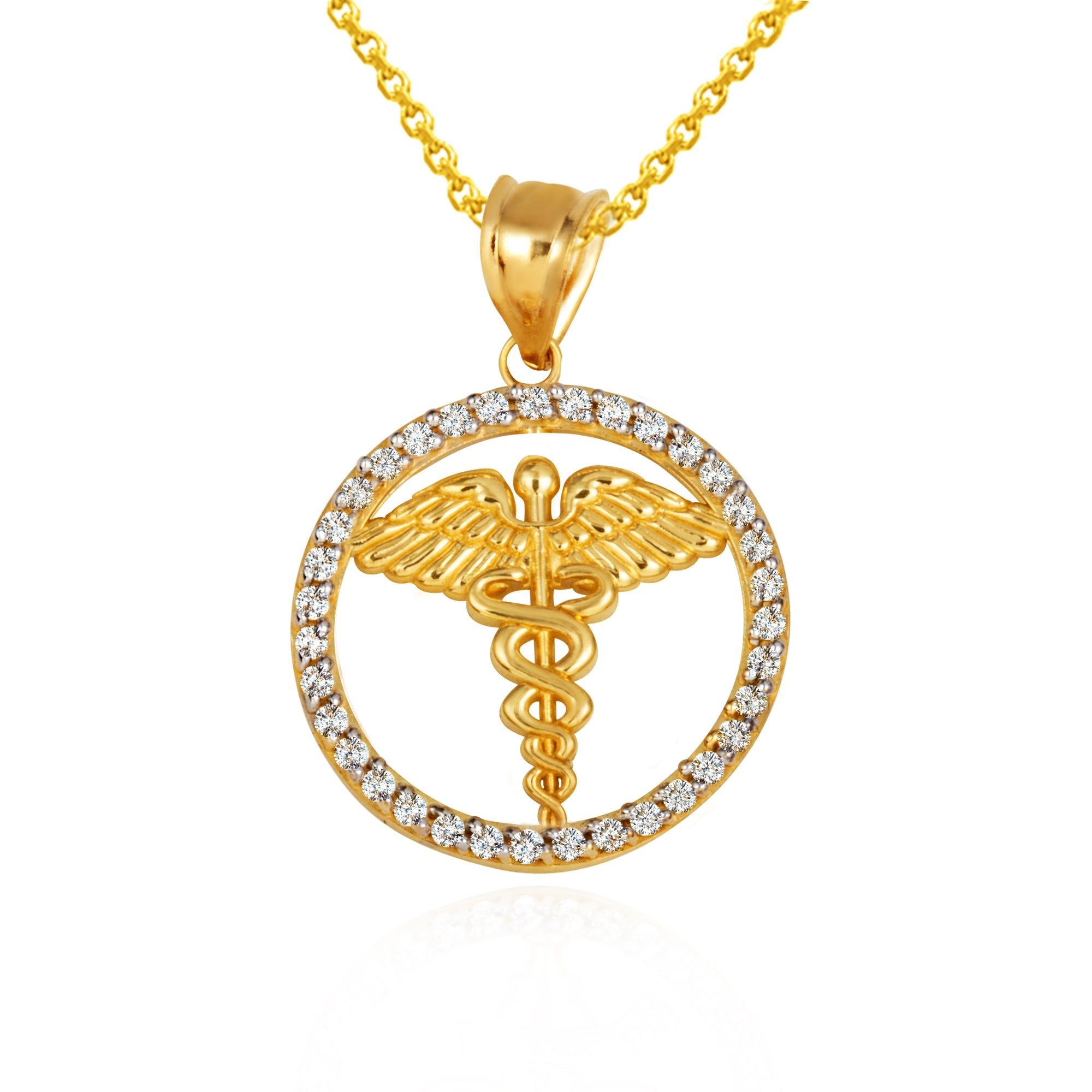 Solid Gold Medical Caduceus Staff Cubic Zirconia Halo Pendant Necklace, view 7