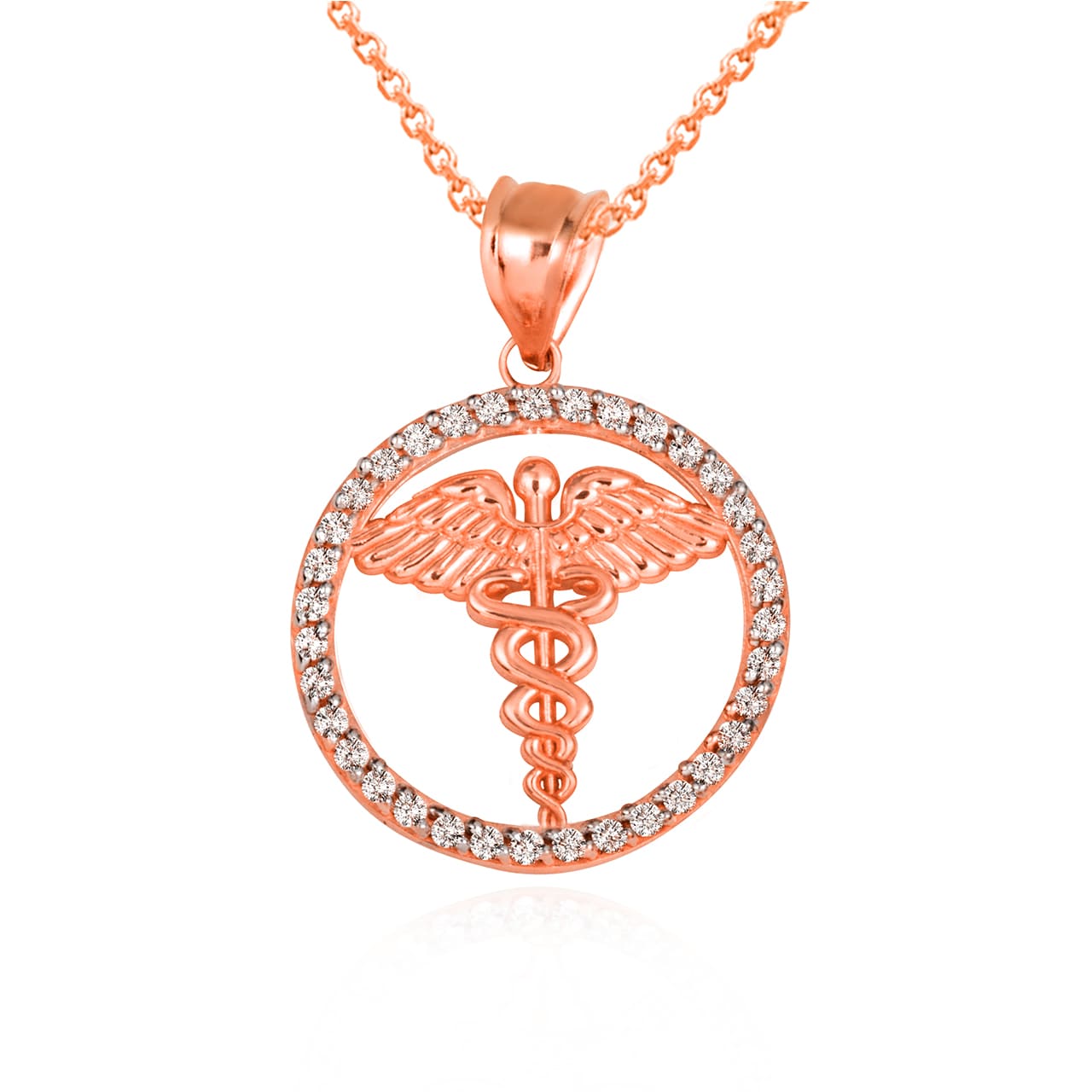 Solid Gold Medical Caduceus Staff Cubic Zirconia Halo Pendant Necklace, view 9