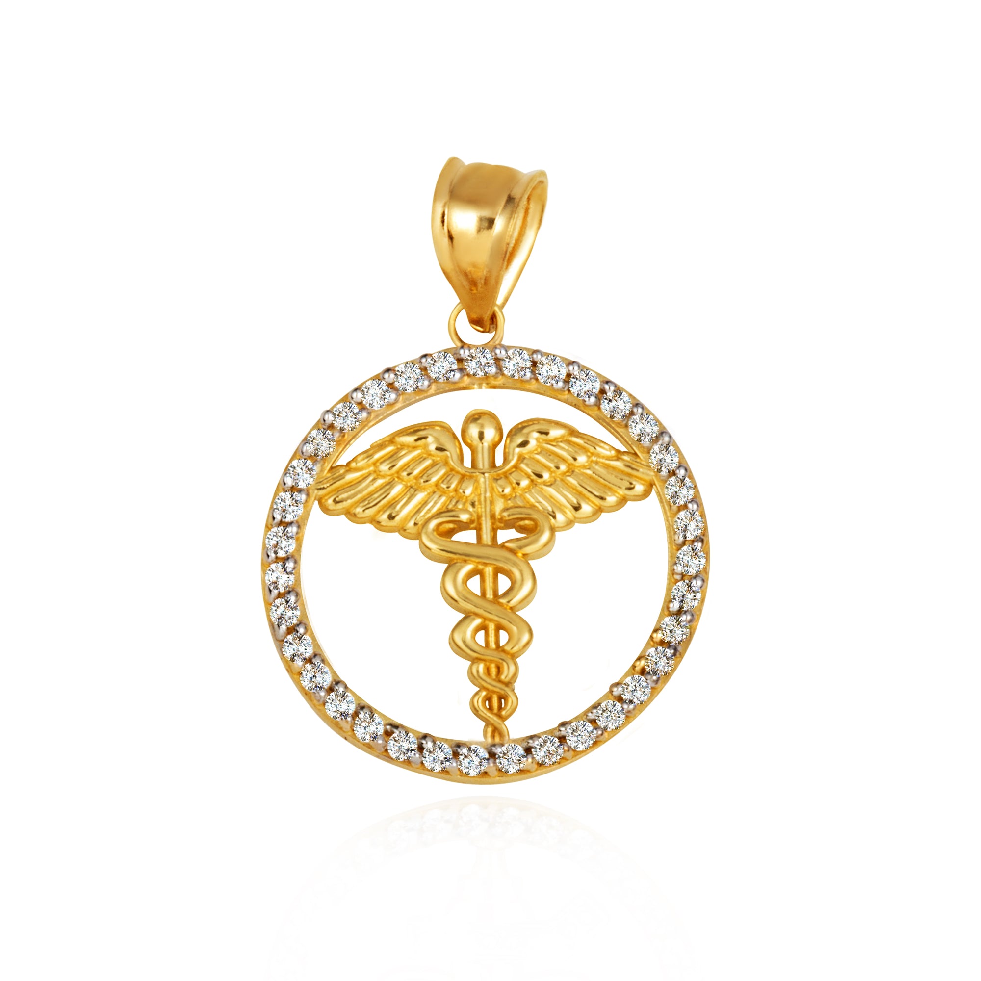 Solid Gold Medical Caduceus Staff Cubic Zirconia Halo Pendant Necklace, view 10