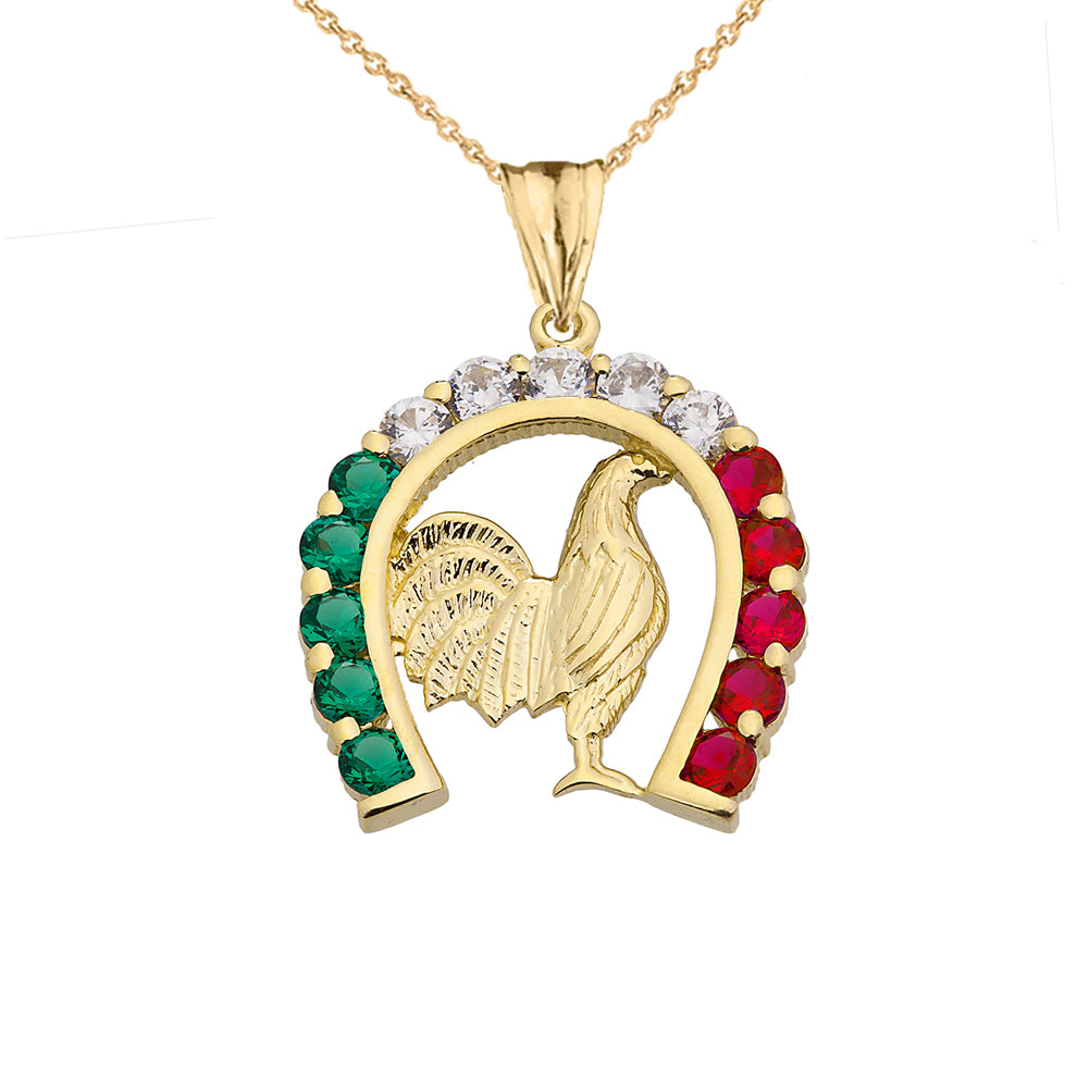Solid Gold Mexican Horseshoe with Rooster Pendant Necklace