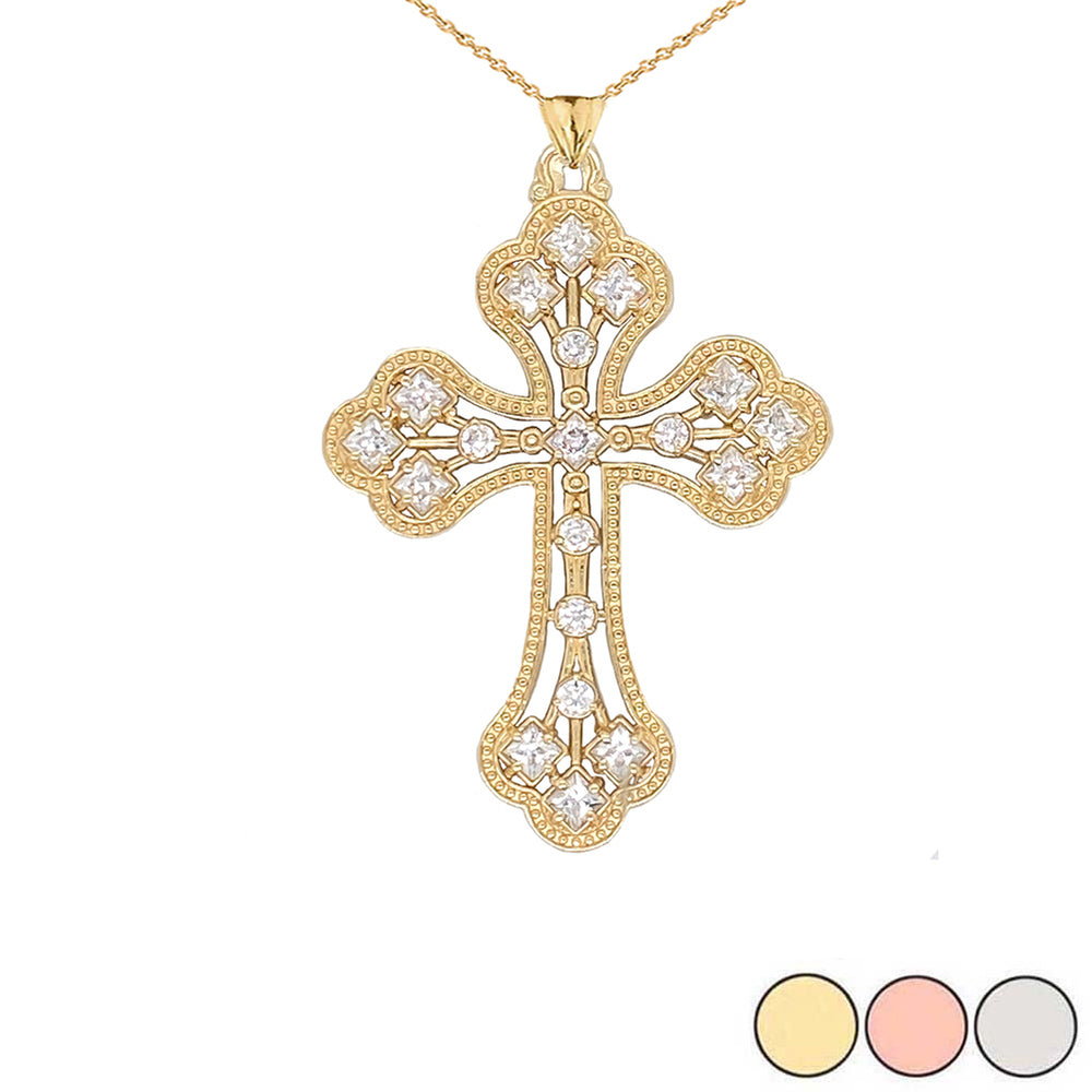 Solid Gold Milgrain Designer Cross Pendant Necklace