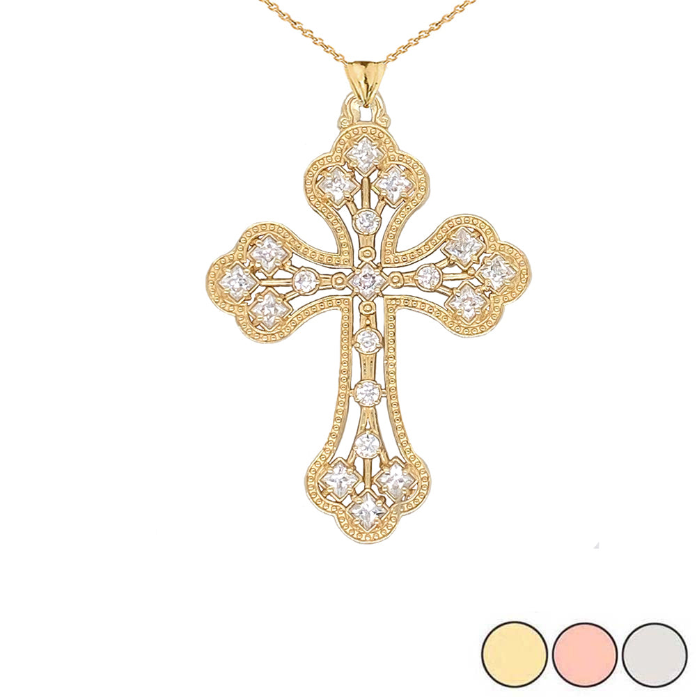 Solid Gold Milgrain Designer Cross Pendant Necklace