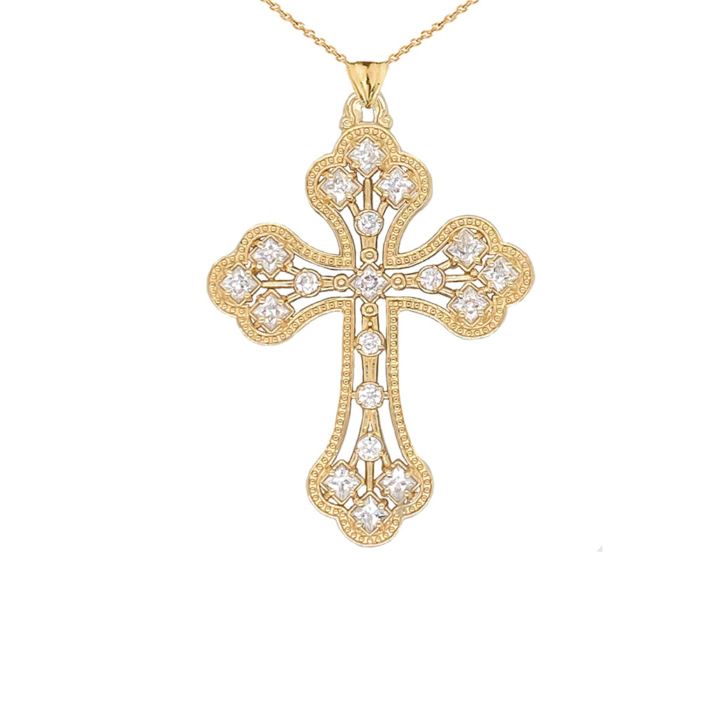 Solid Gold Milgrain Designer Cross Pendant Necklace, view 2