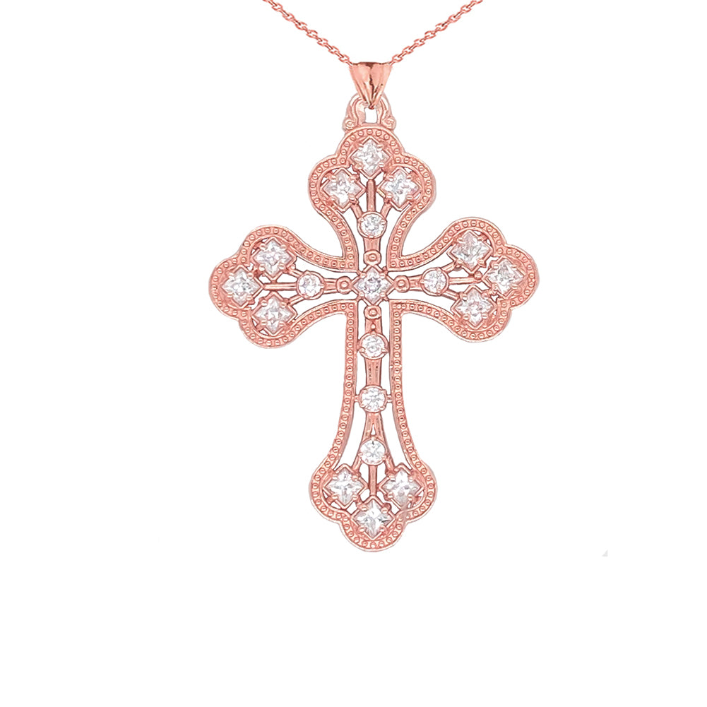 Solid Gold Milgrain Designer Cross Pendant Necklace, view 4
