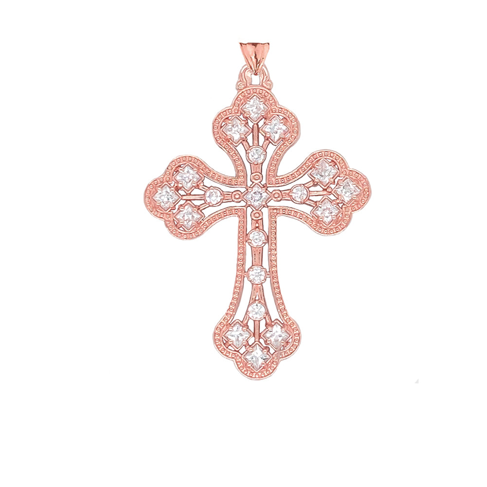 Solid Gold Milgrain Designer Cross Pendant Necklace, view 9