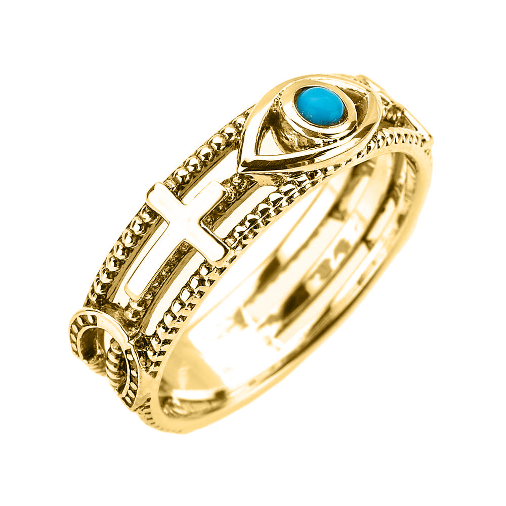 Solid Gold Milgrain Sideways Cross Turquoise Evil Eye Good Luck Ring