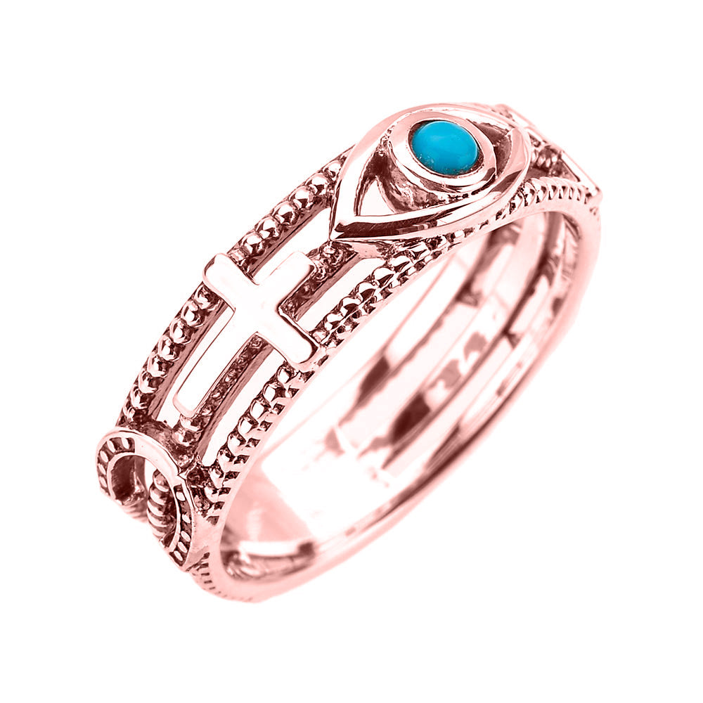 Solid Gold Milgrain Sideways Cross Turquoise Evil Eye Good Luck Ring, view 2