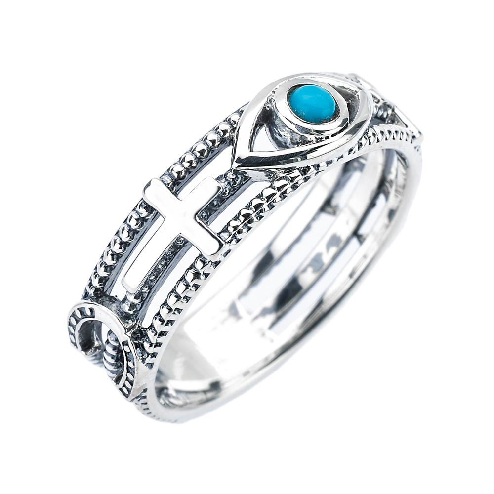 Solid Gold Milgrain Sideways Cross Turquoise Evil Eye Good Luck Ring, view 3