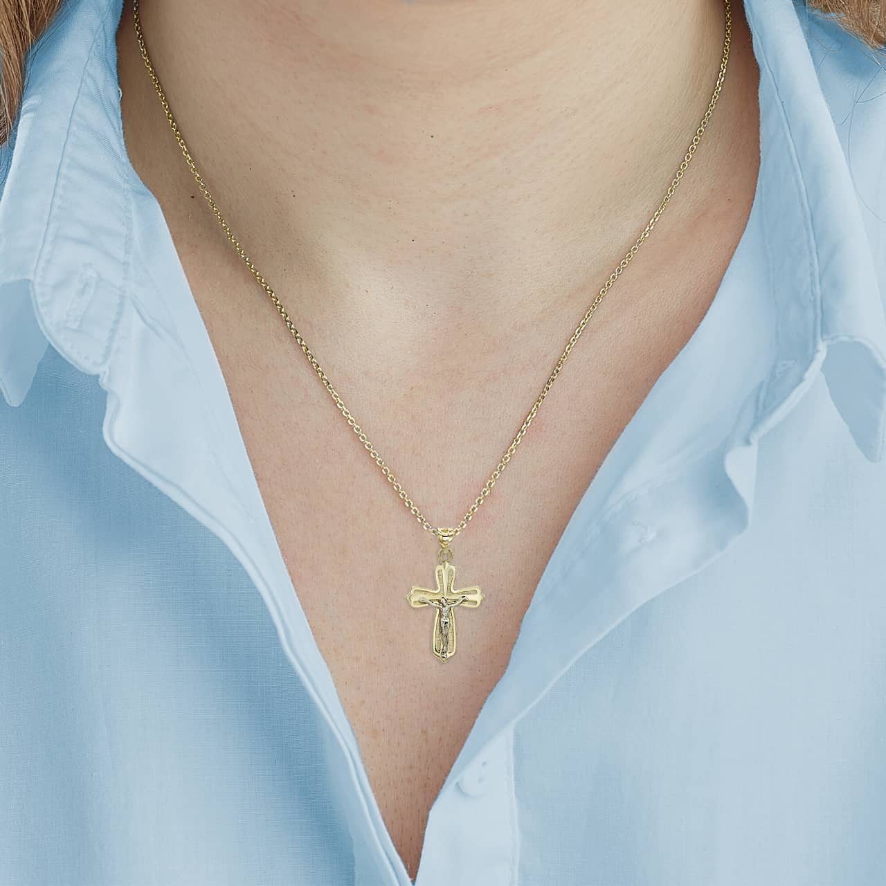 Solid Gold Mini Crucifix Pendant Necklace, view 4