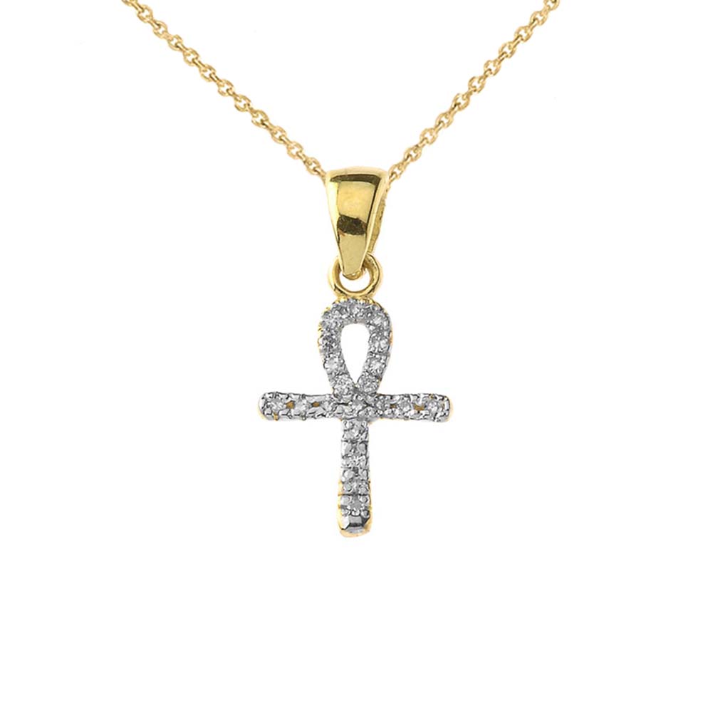 Solid Gold Mini Diamond Ankh Cross Pendant Necklace