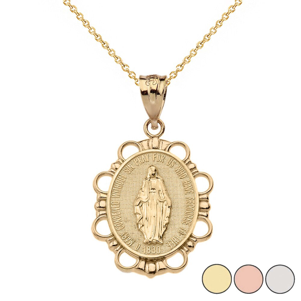 Solid Gold Miraculous Medal of Our Lady of Graces Pendant Necklace (Small)