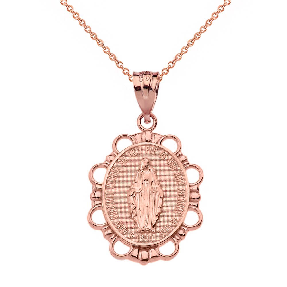 Solid Gold Miraculous Medal of Our Lady of Graces Pendant Necklace (Small), view 4