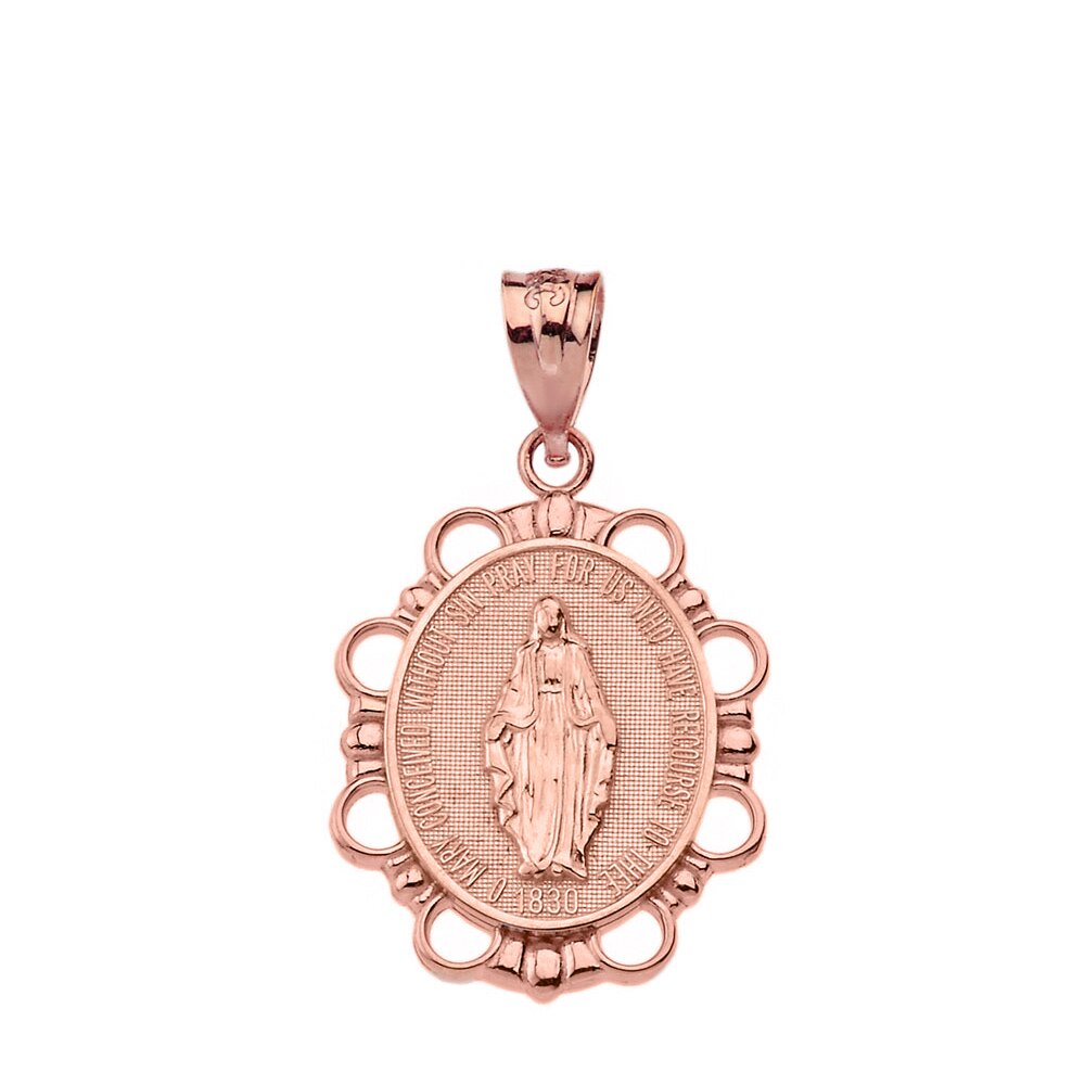 Solid Gold Miraculous Medal of Our Lady of Graces Pendant Necklace (Small), view 5