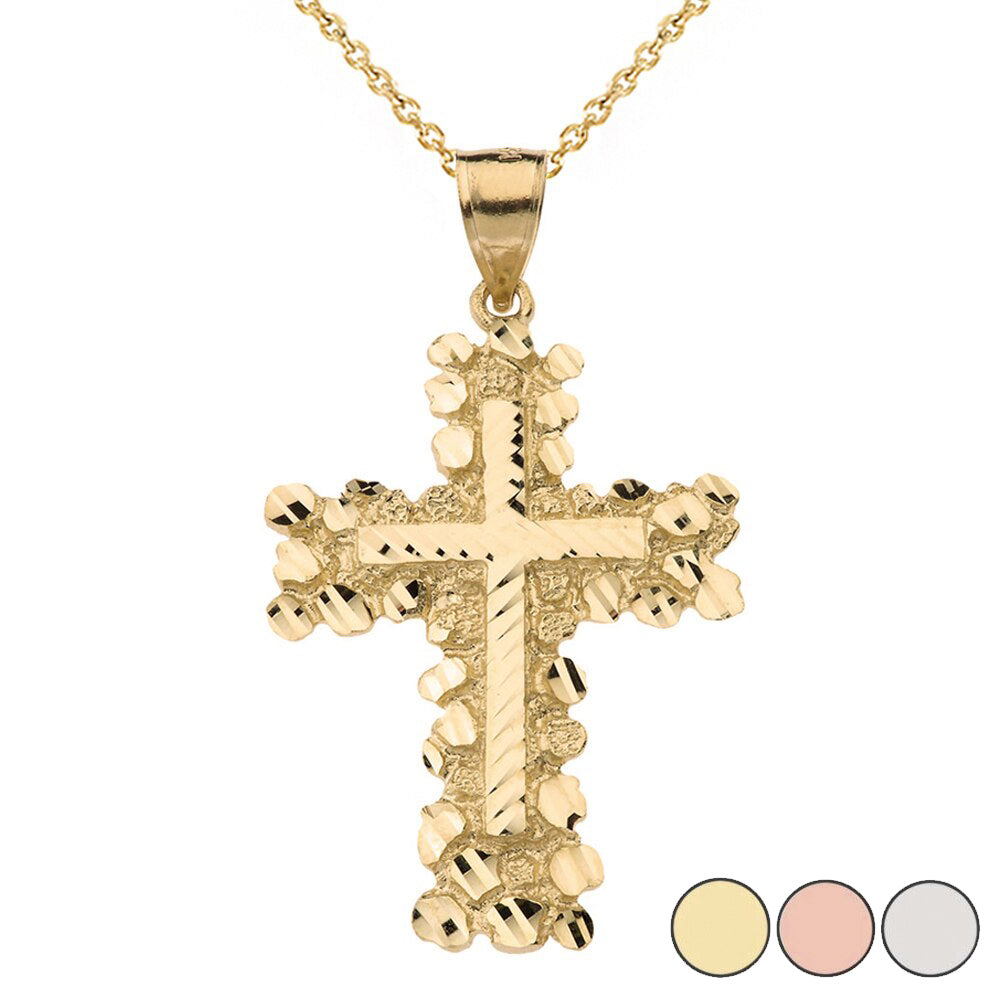 Solid Gold Nugget Cross Pendant Necklace 2.30" (Large)